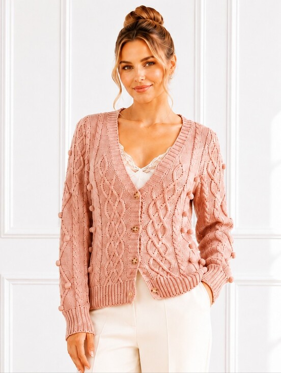 Blu Pepper Sweaters - Blu Pepper Blush Pink Cable Knit Bobble Cardigan Size Small Soft Feminine